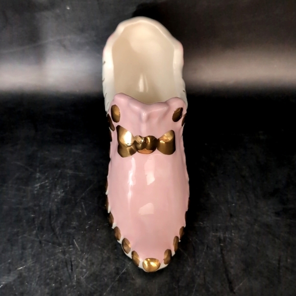 Vintage Porcelain Pink Glazed Pump / Shoe - Floral Decoration Gold Tone Accents - Picture 4 of 13
